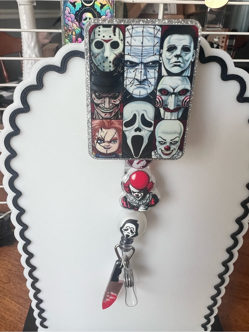 Horror Character Beaded Badge Reel - Black, White, Red
